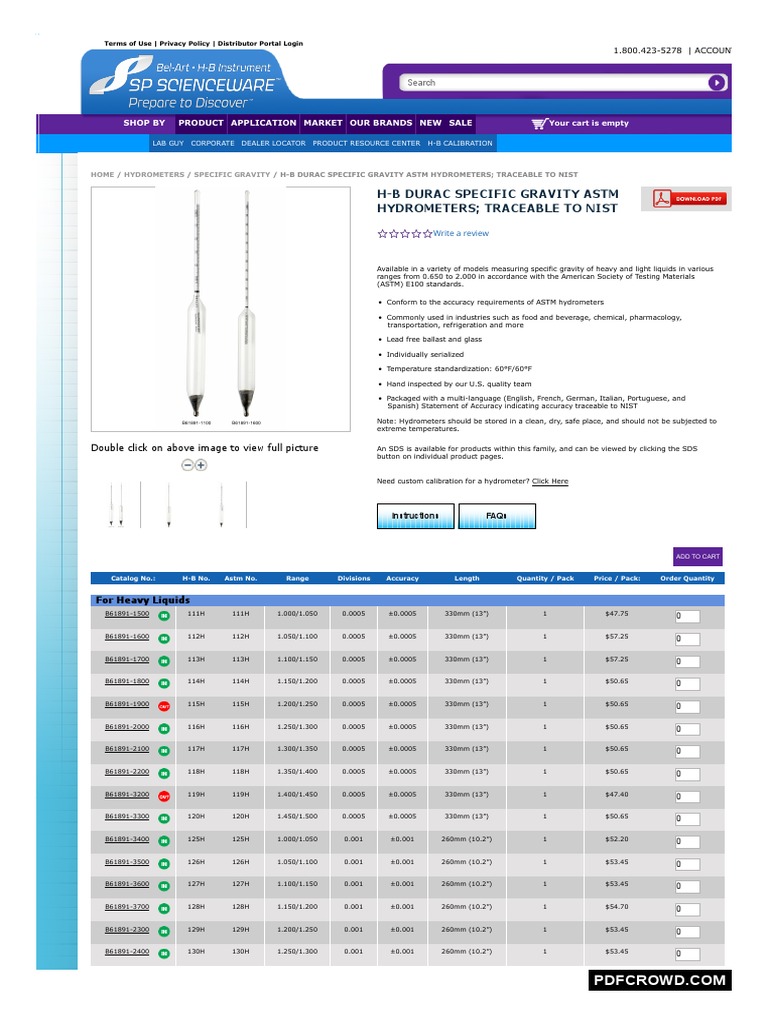 WWW Belart Com H B Durac Specific Gravity Astm Hydrometers Traceable To
