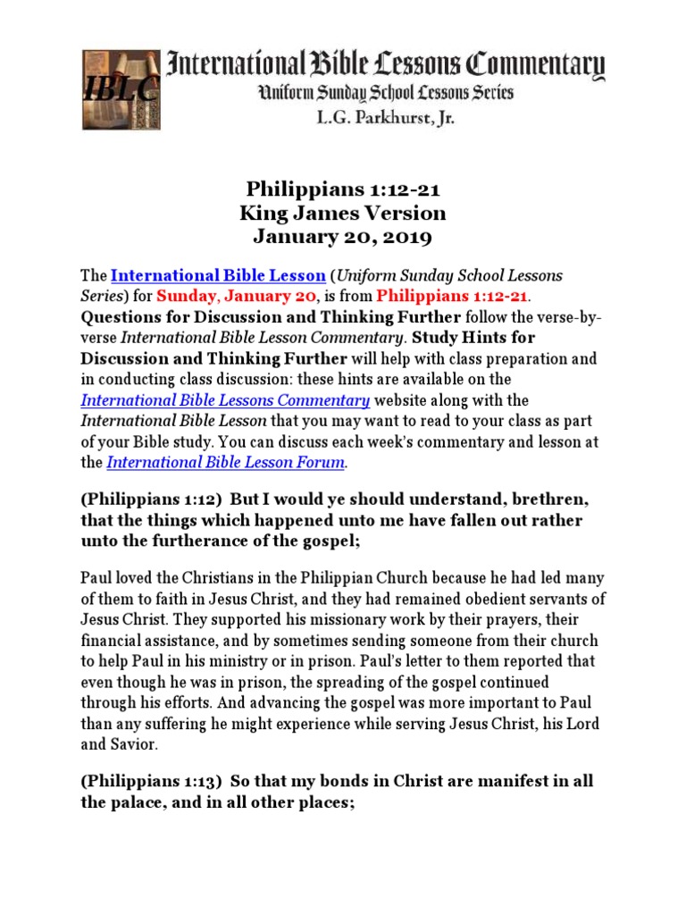 Commentary On Philippians 1 12 21 Kjv Pdf Paul The Apostle The Gospel
