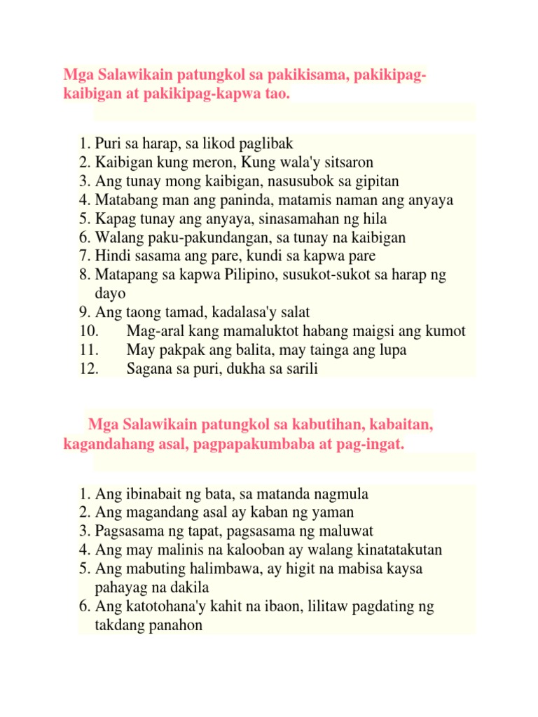 Mga Salawikain Patungkol Sa Pakikisama | PDF, image size:768x1024