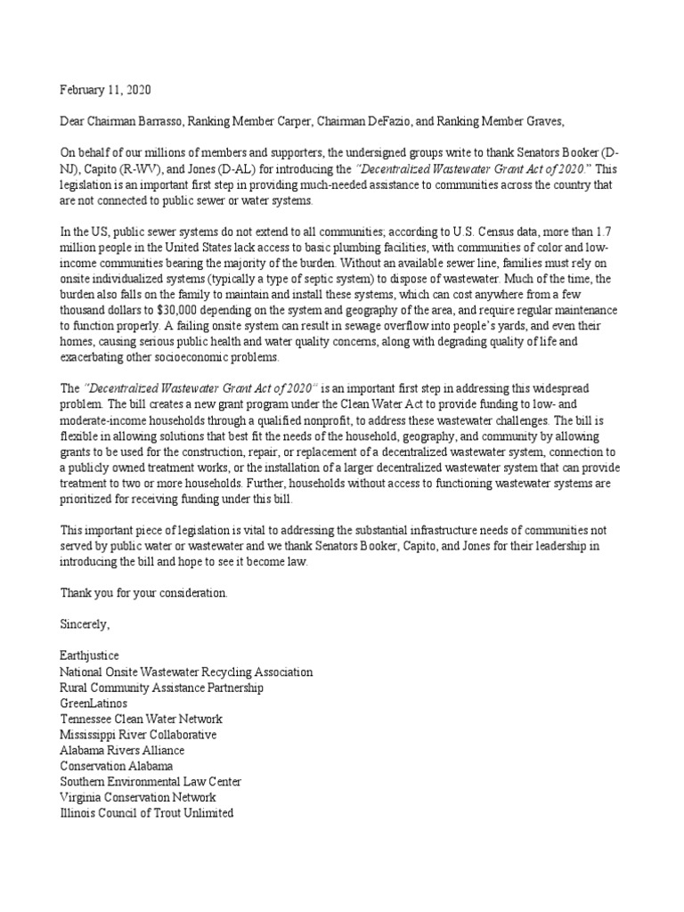 Support Letter_Decentralized Wastewater Grant Act_2.11.20 Sanitary