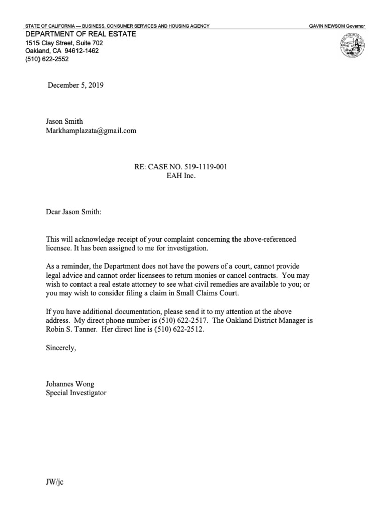 Acknowledgment of Complaint Case 519-1119-001 | PDF