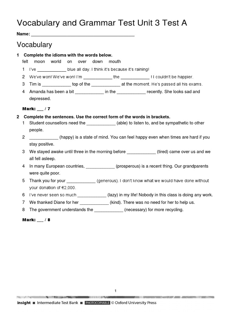 Vocabulary and Grammar Test Unit 3 | PDF