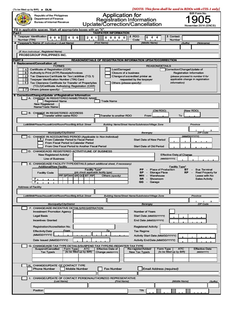 BIR Form 1905: Update Application | PDF | Invoice | Receipt