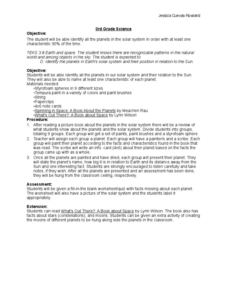 J Cuevas Rowland Lesson Plan 2 Planetas Sistema Solar