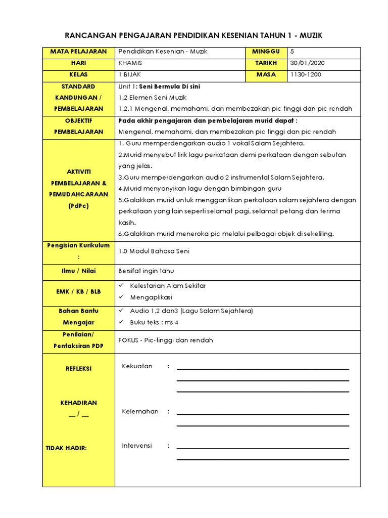 T1 RPH Muzik W5 | PDF | Karier & Perkembangan | Seni & Disiplin Bahasa