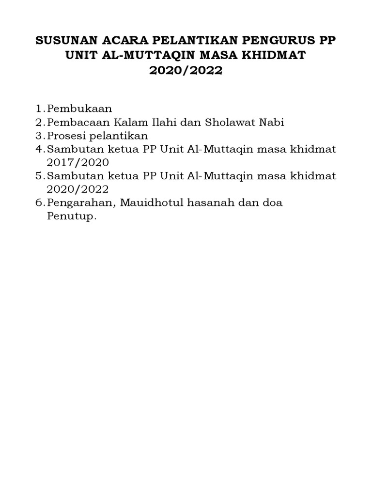 Susunan Acara Pelantikan Pengurus Pp Unit Al