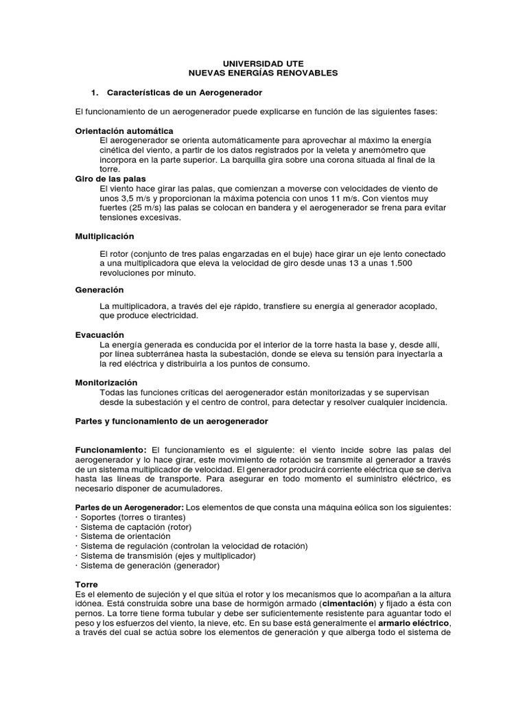 Partes y Funcionamiento del Aerogenerador | PDF | Turbina eólica ...