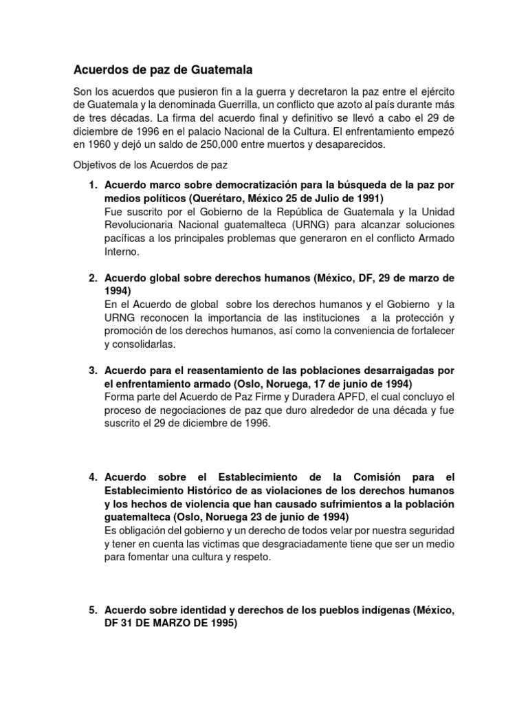 Acuerdos de Paz en Guatemala: Resumen | PDF | Guatemala | Democracia
