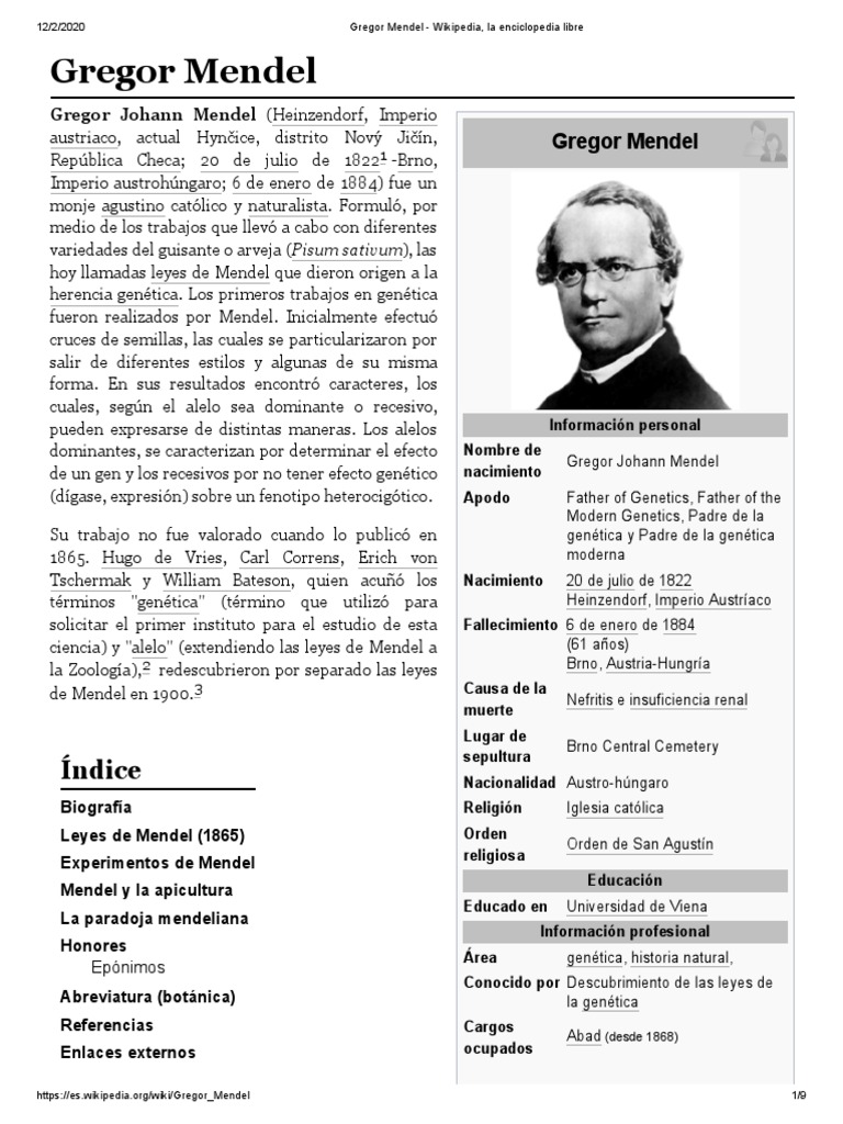 Gregor Mendel - Wikipedia, La Enciclopedia Libre | PDF | Dominancia ...