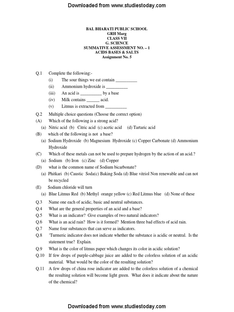Class 7 Acids, Bases & Salts Worksheet | PDF | Acid | Molecules