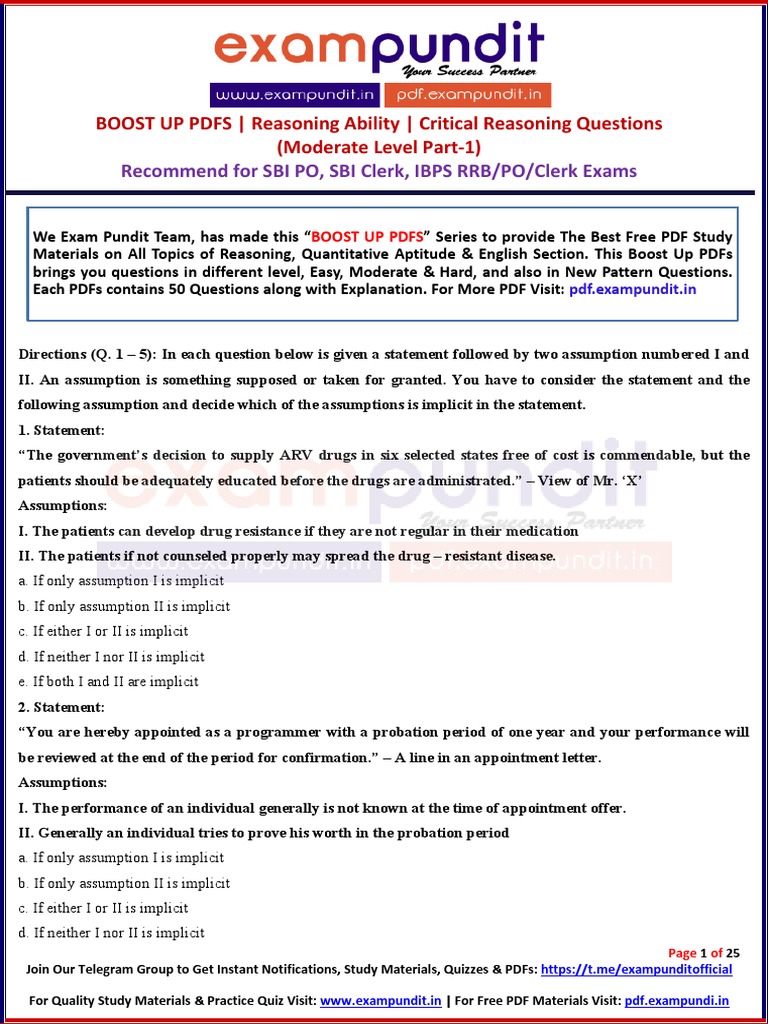 Critical Reasoning Questions Moderate Level Part 1 Boost Up Pdfs PDF ...