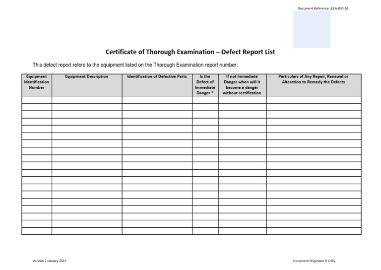 LEEA-030.2d Certificate of Through Examination-Defect Report List (USA ...