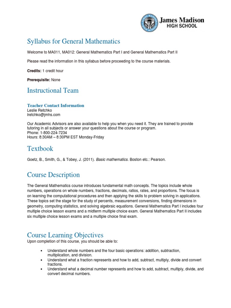 General Mathematics Jmhs Syllabus PDF | PDF | Ratio | Teaching Mathematics