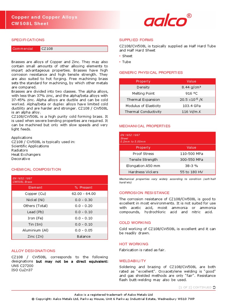 Aalco Metals LTD Copper and Copper Alloys CW508L Sheet 114 PDF