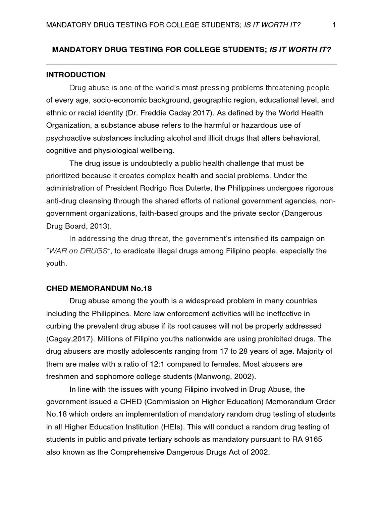 Mandatory Drug Testing for College Students in the Philippines A Discussion of Privacy, Cost