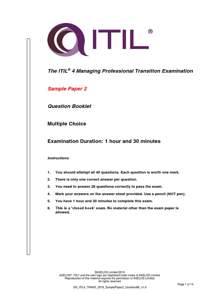 En ITIL4 MP-TRANS 2019 SamplePaper2 QuestionBk v1.0 | PDF | Itil | It  Service Management