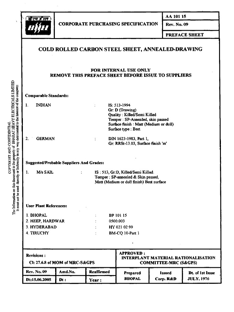 CRCA Specification BHEL PDF | PDF | Engineering Tolerance | Rolling ...