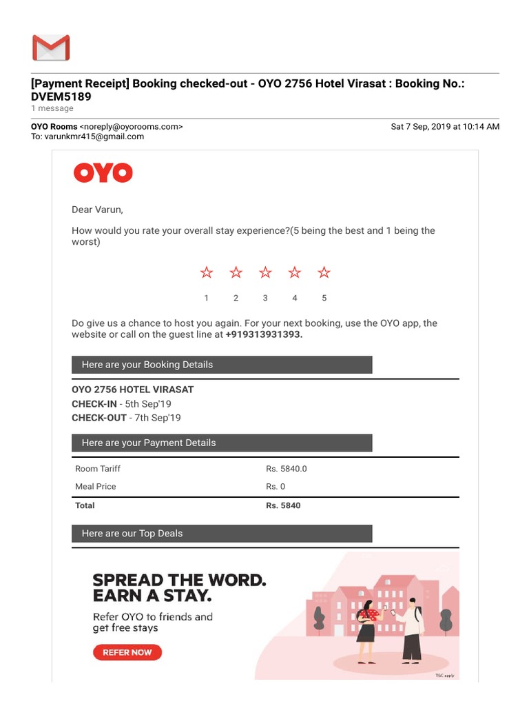 OYO Hotel Stay Receipt | PDF