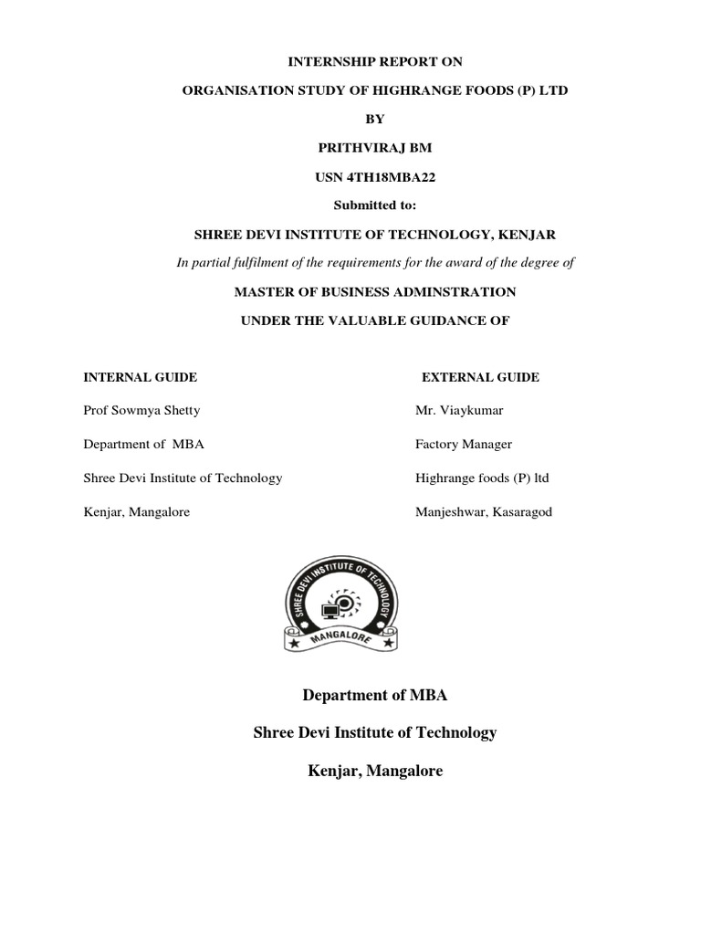INTERNSHIP REPORT MBA | Food Preservation | Leadership