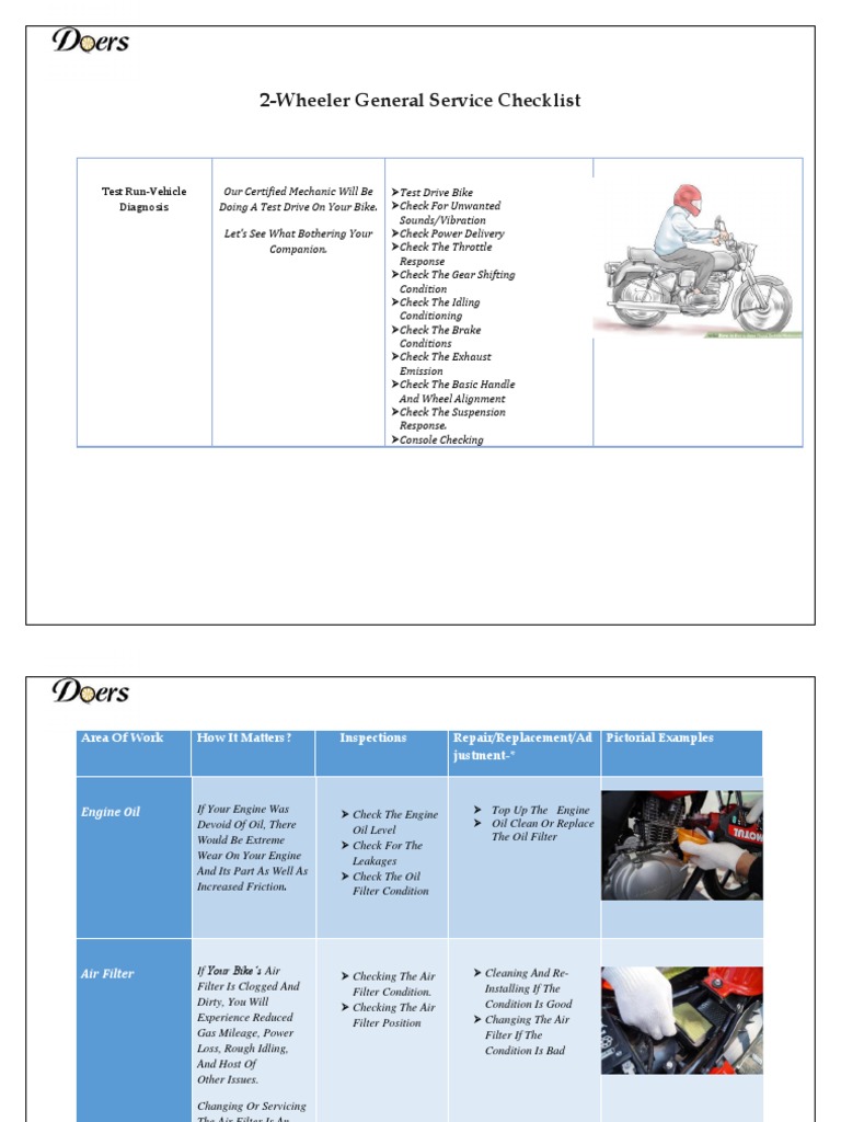 2-Wheeler General Service Checklist | PDF | Carburetor | Brake