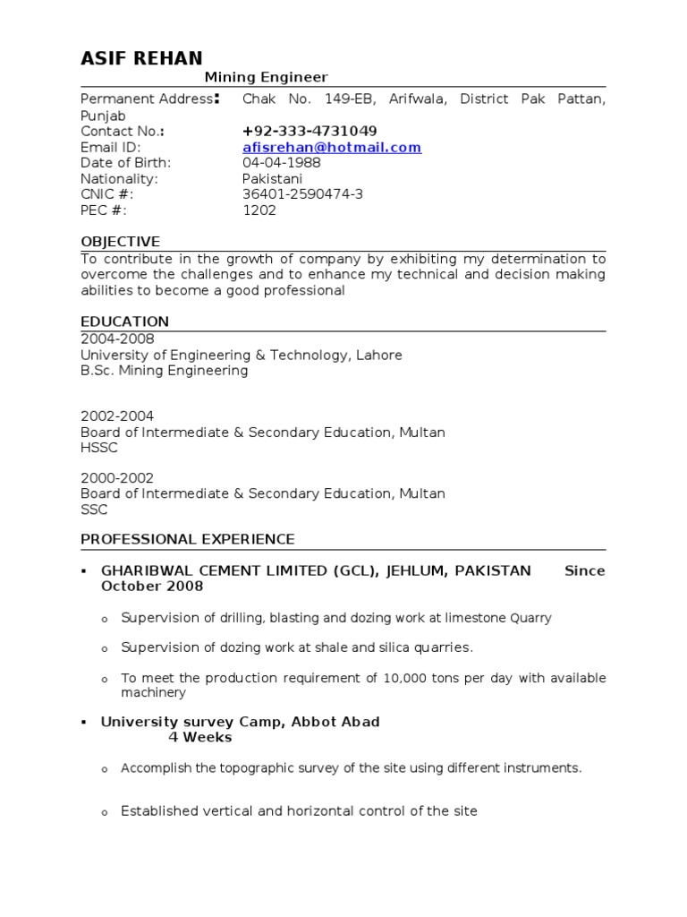 Mining Engineer Resume: Asif Rehan | PDF