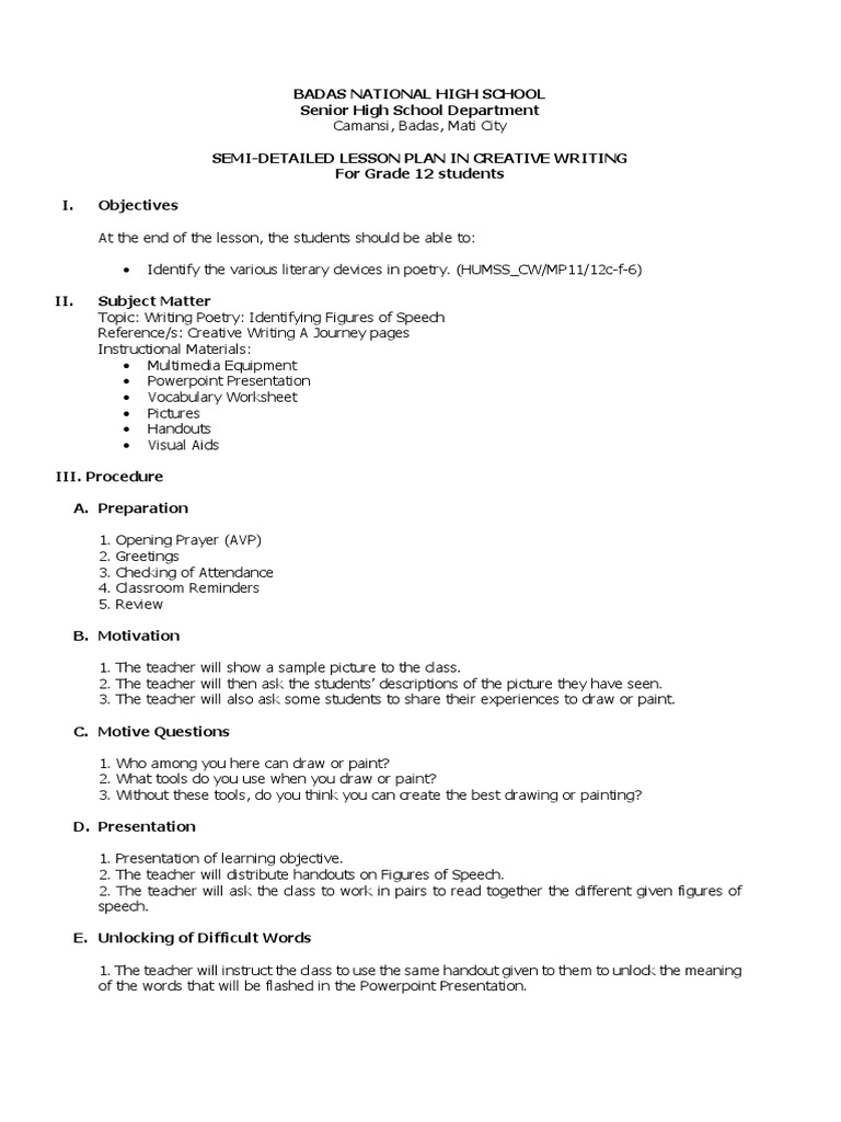 Grade 12 Creative Writing Lesson Plan | PDF | Lesson Plan | Teachers