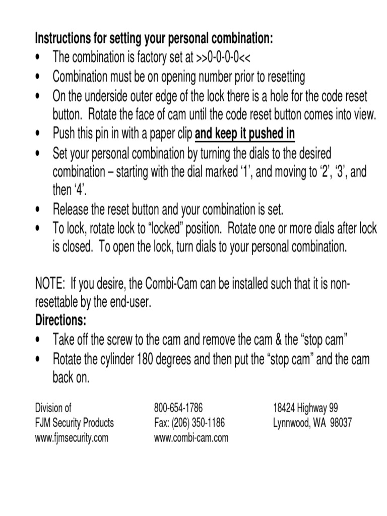 Combination Cam Lock Instructions PDF Machines Mechanical Engineering