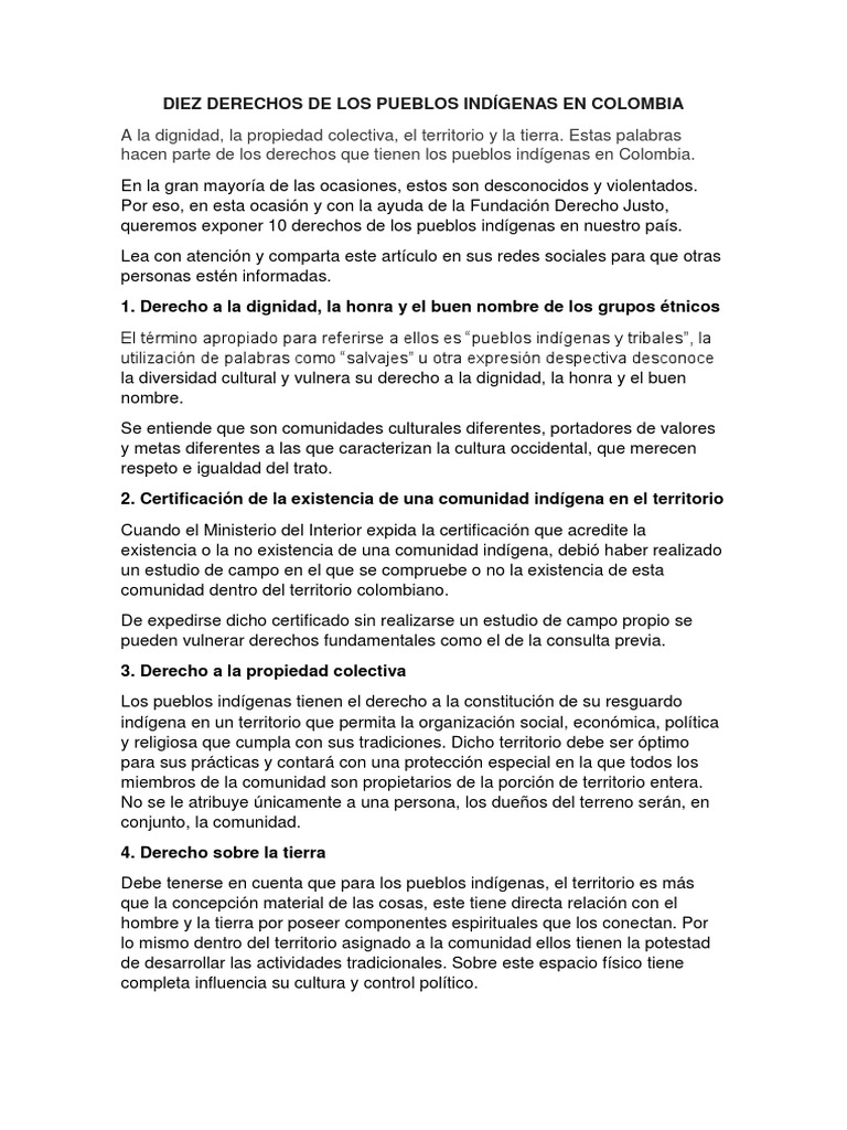 Diez Derechos de Los Pueblos Indígenas en Colombia | PDF | Derecho ...
