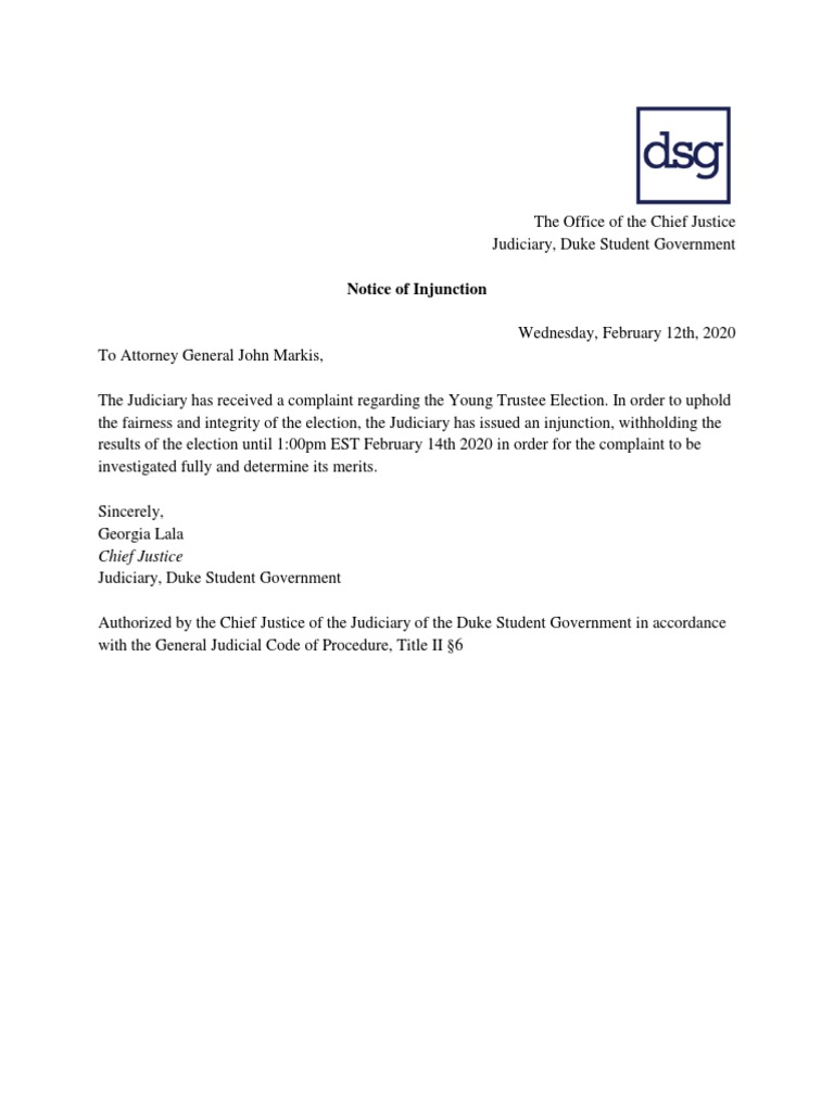 Duke Student Government Injunction Notice | PDF | Law