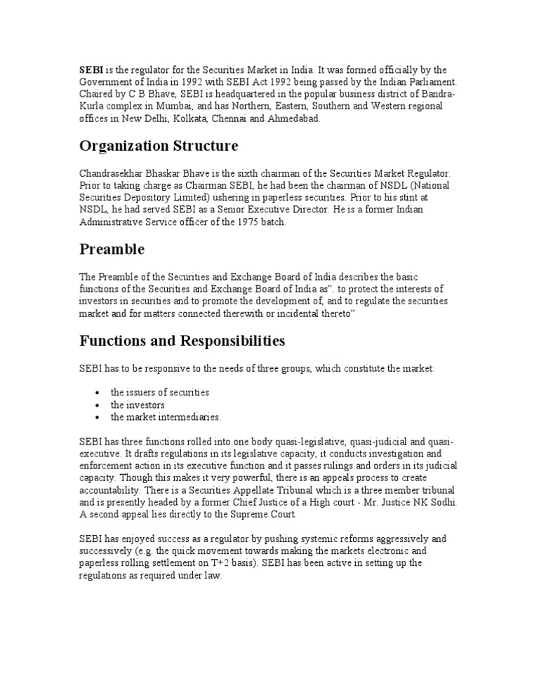 Overview of SEBI's Role and Functions | PDF