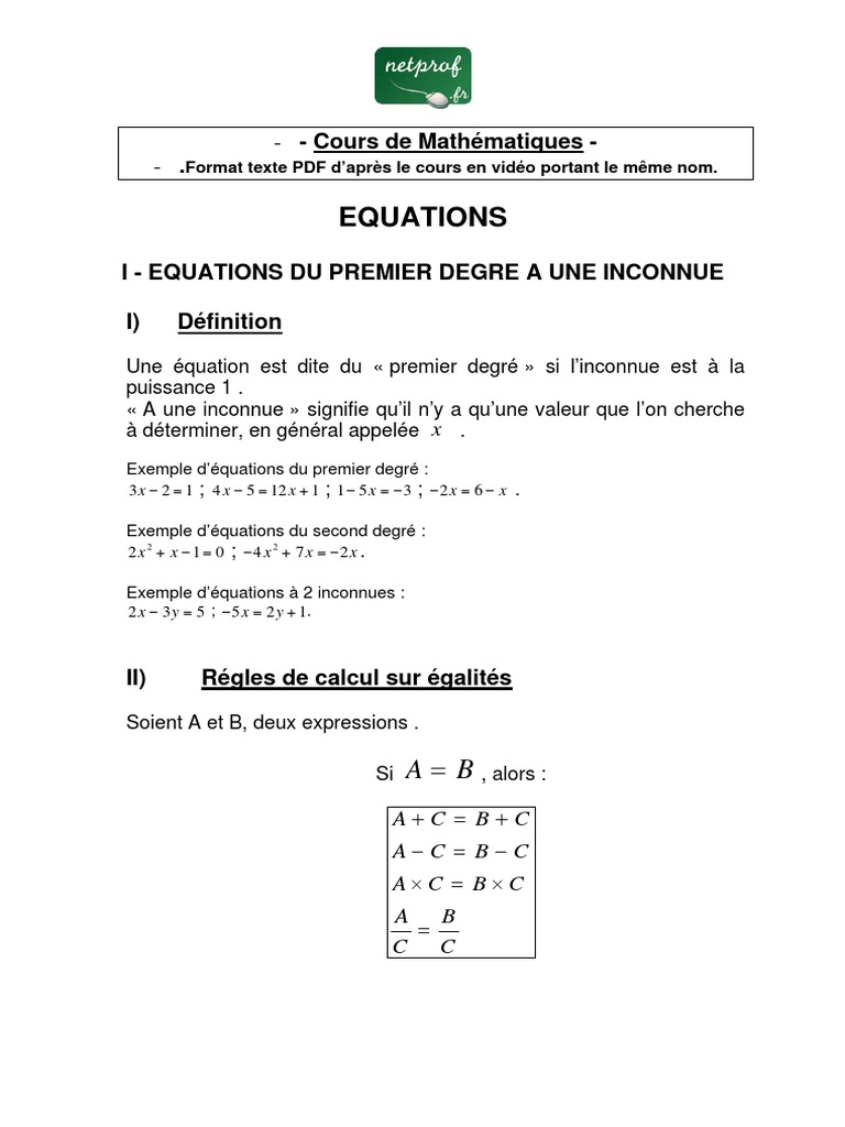 Equation Du Second Degré Exercice Corrigé Bac Pro Pdf EQUATIONS | PDF | Équations | Algèbre