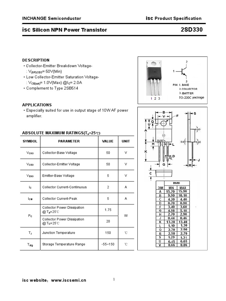 2SD330 NPN Transistor Specifications | PDF | Bipolar Junction ...