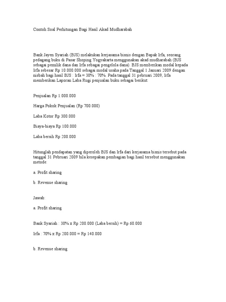 Contoh Soal Perhitungan Bagi Hasil Akad Mudharabah