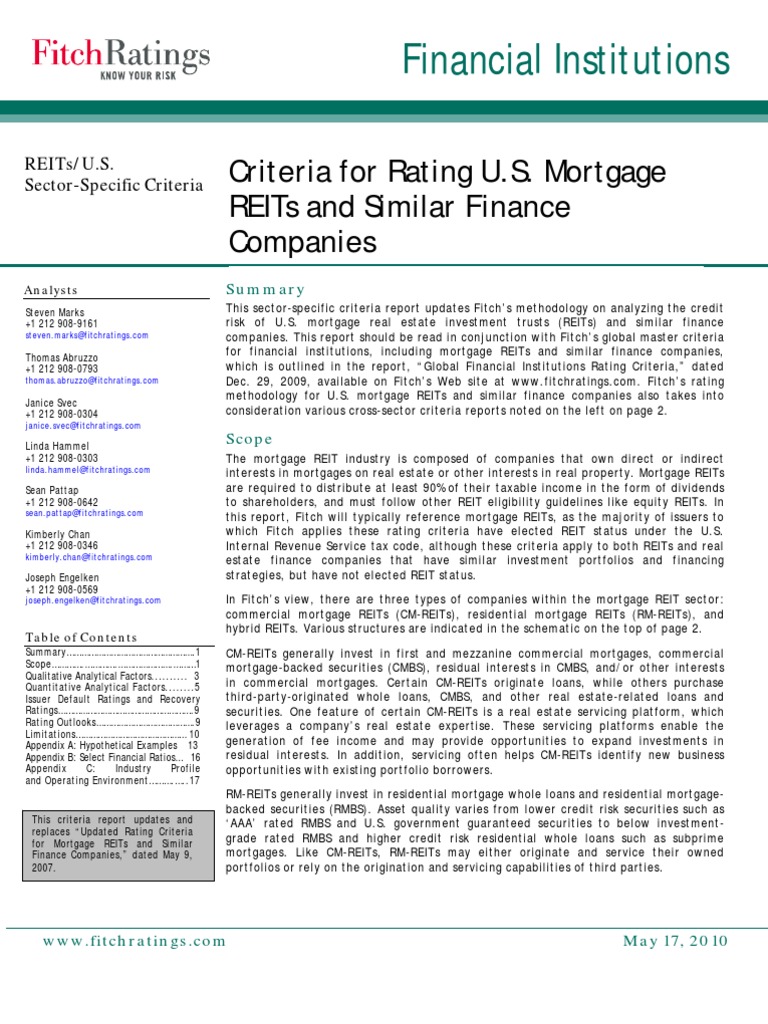 Fitch Mortgage REITs Rating Guideline PDF Real Estate Investment