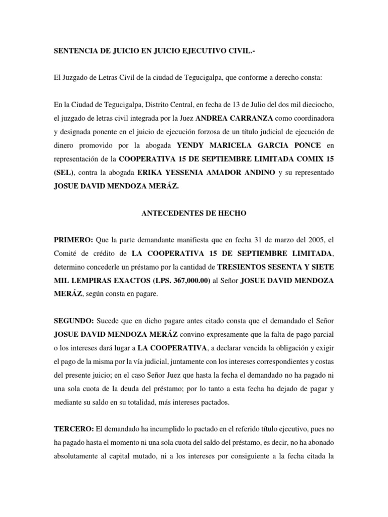 Sentencia de Juicio en Juicio Ejecutivo Civil | PDF | Sentencia (ley ...