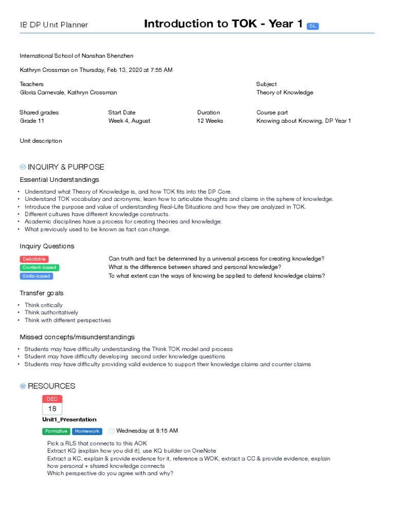 Grade 11 TOK Course Overview | PDF | Lecture | Knowledge