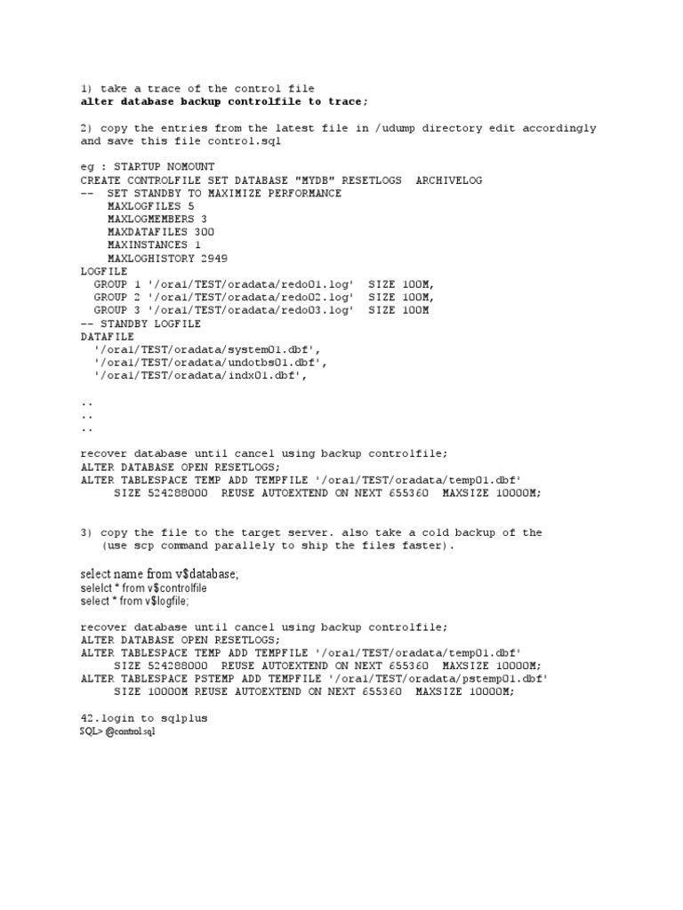Control File Backup and Recovery Steps | PDF
