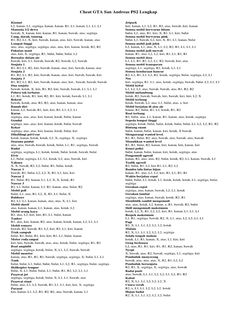 Cheat Lengkap GTA San Andreas PS2 | PDF
