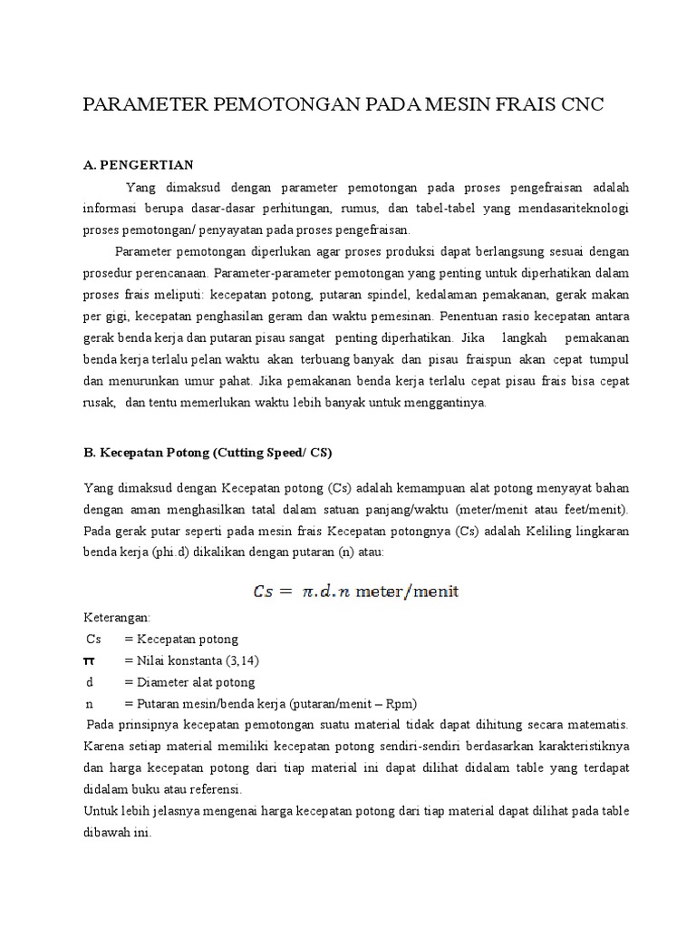 2 Parameter Pemotongan Pada Mesin Frais Cnc