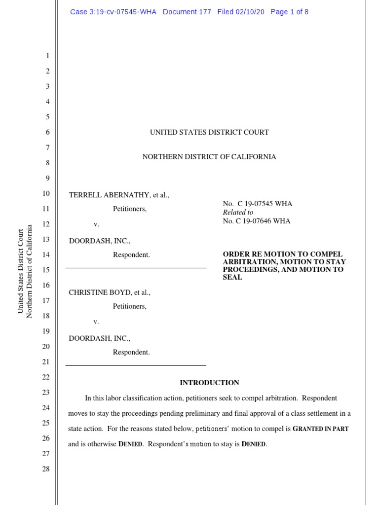 ORDER RE MOTION TO COMPEL ARBITRATION, MOTION TO STAY PROCEEDINGS, AND
