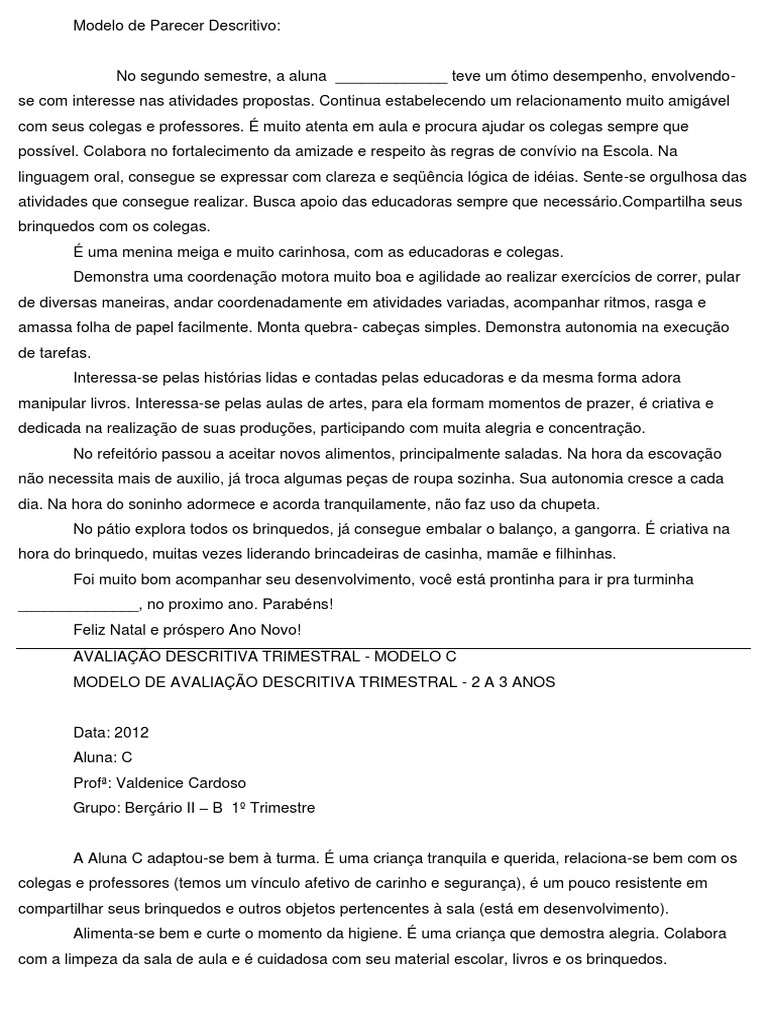 Modelo de Parecer Descritivo Ab | PDF | Escolas | Ensinar e aprender