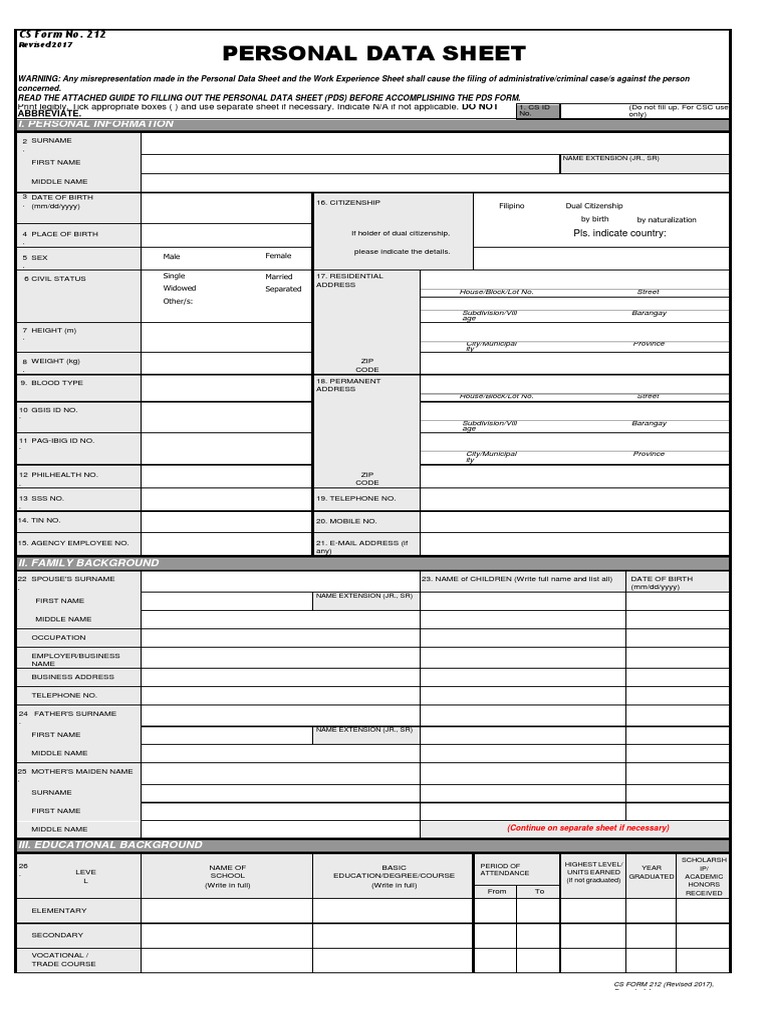 CS Form No. 212 Revised Personal Data Sheet New PDF Crime