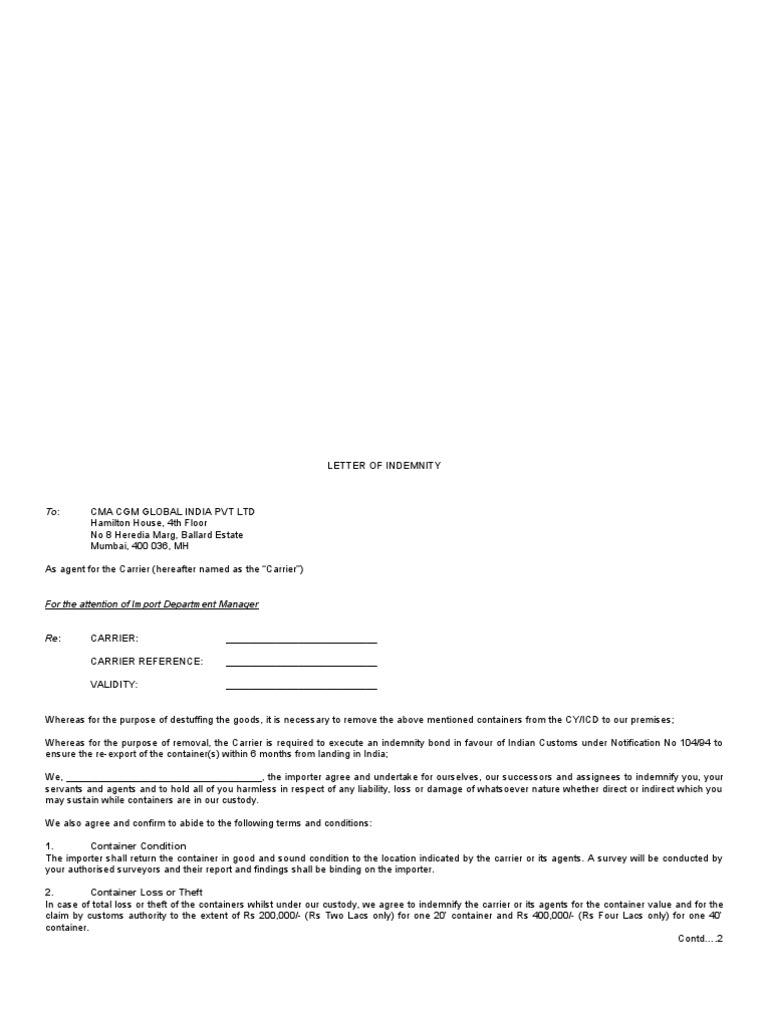 Indemnity Letter for Container Handling | PDF | Indemnity | Business Law