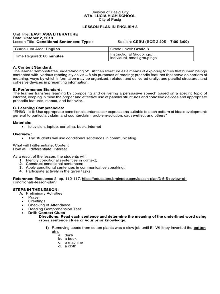 Conditional Sentences Type 1 Lesson Plan | PDF | Lesson Plan | Learning
