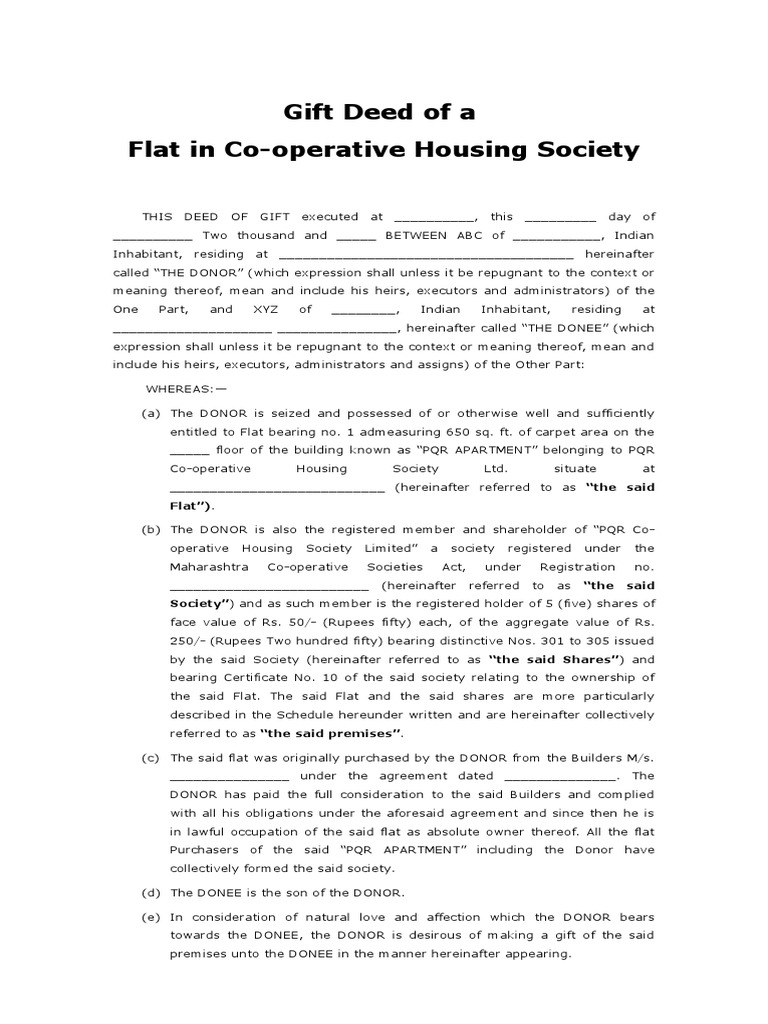 Format of Gift Deed PDF Covenant (Law) Deed