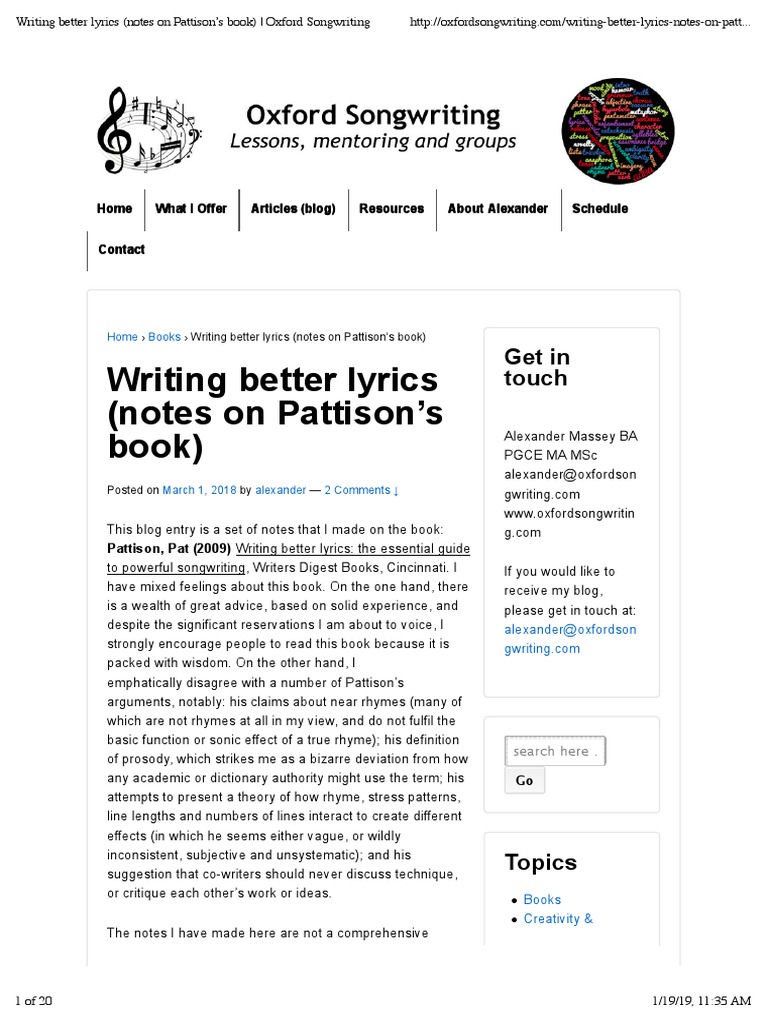 Writing Better Lyrics (Notes On Pattison's Book) - Oxford Songwriting ...