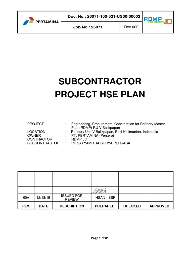 Hse Plan Subcontractor 3 Occupational Safety And Health Safety