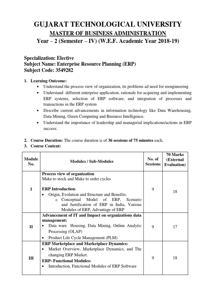 GTU ERP Syllabus PDF Enterprise Resource Planning Product Lifecycle