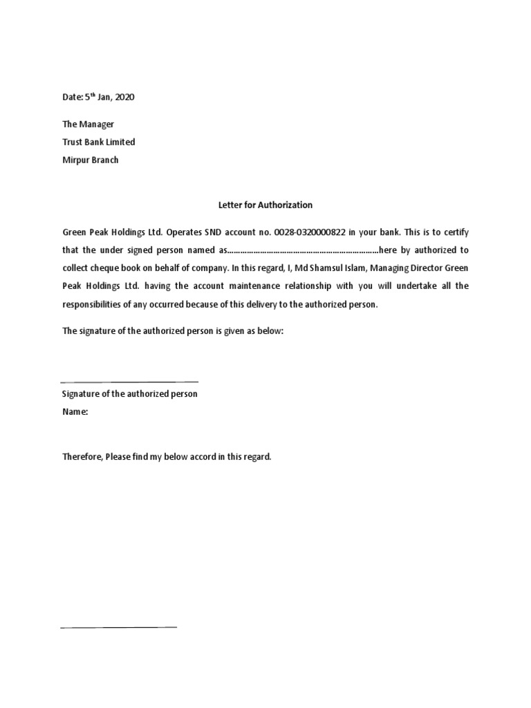 Cheque Book Collection Authorization Letter | PDF