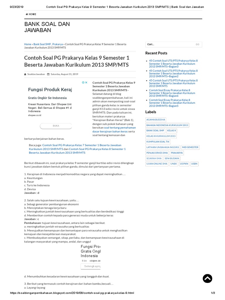 Soal Prakarya Kelas 9 Semester 1 Cerita